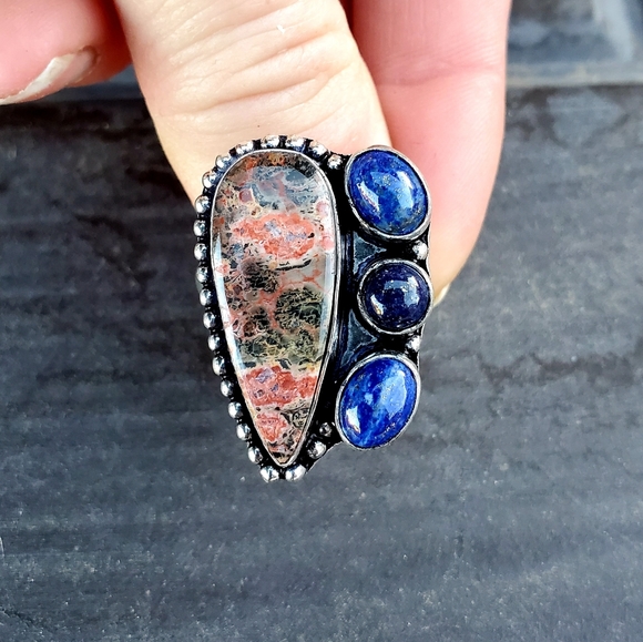 New Leopard Skin Jasper & Lapis Lazuli 925 Silver Ring. - Picture 8 of 14